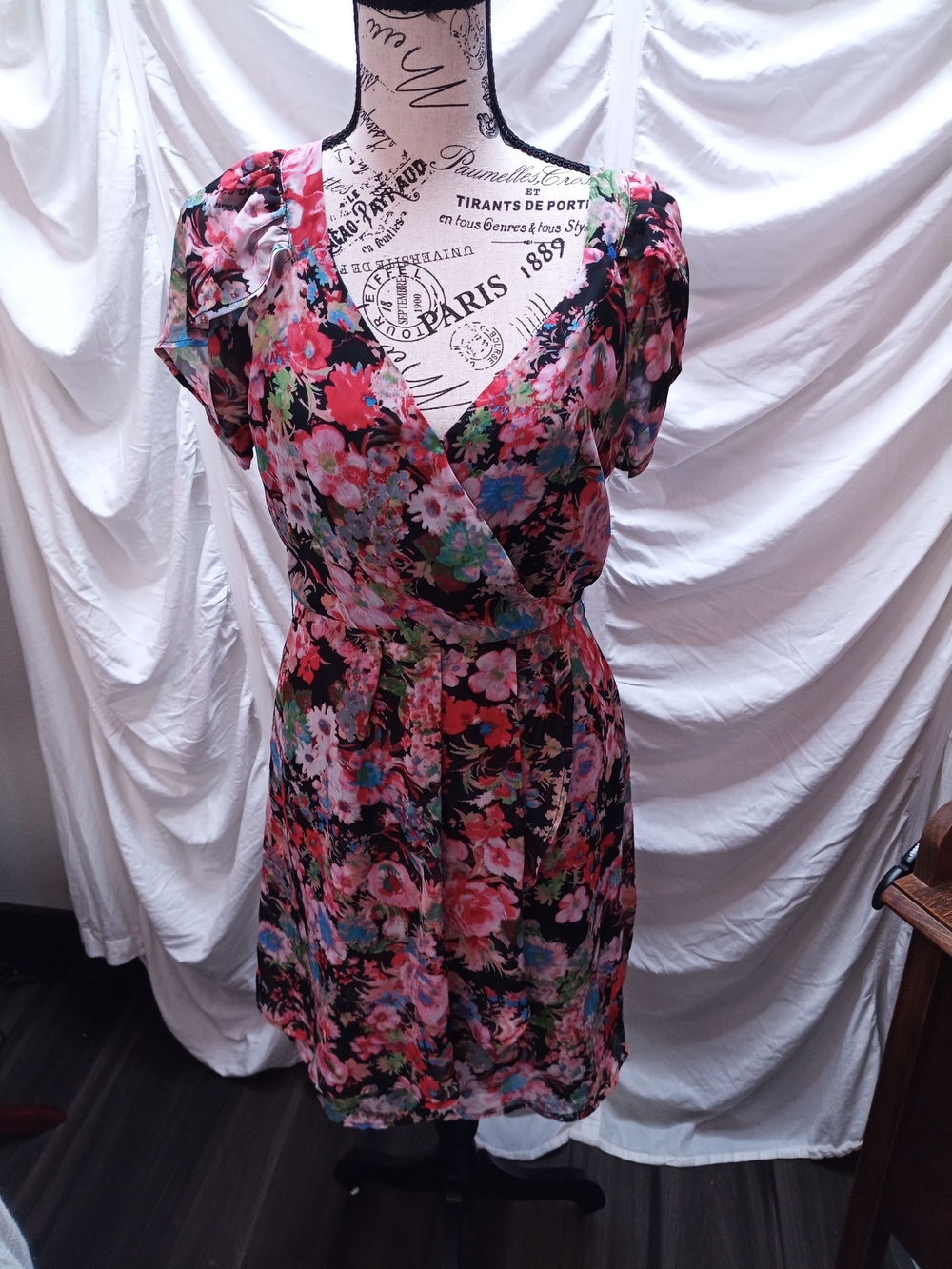 Romy Black Floral Wrap Mini Dress with Pink & Green Accents